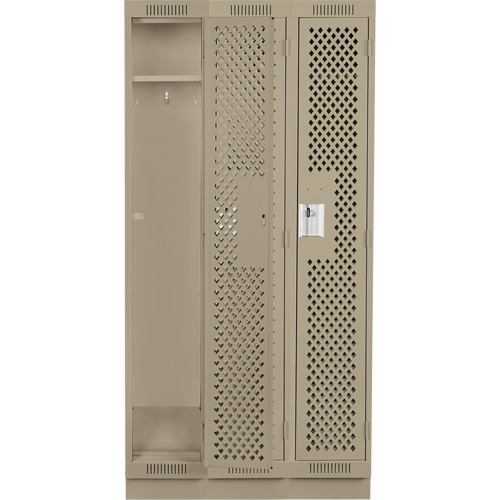 Clean Line Lockers, Bank of 3, 36" x 12" x 76", Steel, Beige, Rivet (Assembled), Perforated Duraquip Inc