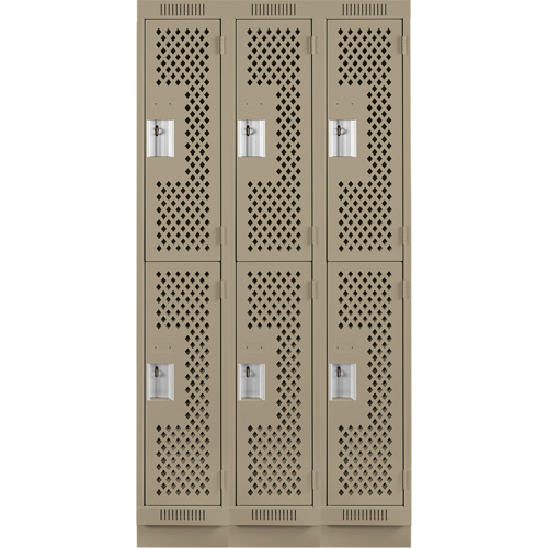 Clean Line Lockers, 2 -tier, Bank of 3, 36" x 15" x 76", Steel, Beige, Rivet (Assembled), Perforated Duraquip Inc