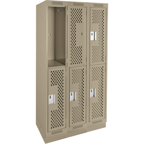 Clean Line Lockers, 2 -tier, Bank of 3, 36" x 15" x 76", Steel, Beige, Rivet (Assembled), Perforated Duraquip Inc