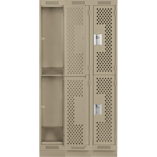 Clean Line Lockers, 2 -tier, Bank of 3, 36" x 15" x 76", Steel, Beige, Rivet (Assembled), Perforated Duraquip Inc