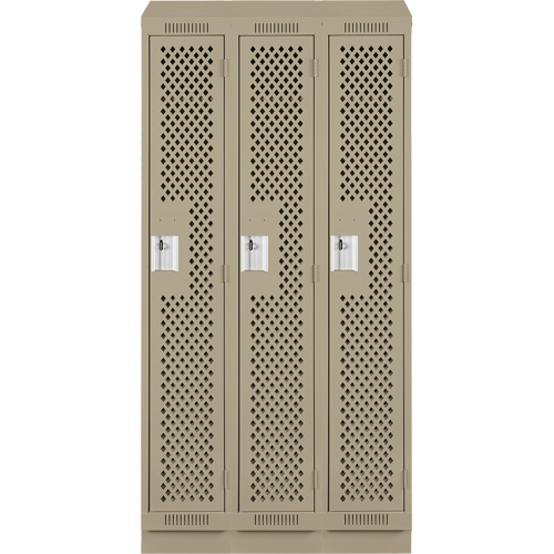 Clean Line Lockers, Bank of 3, 36" x 18" x 82", Steel, Beige, Rivet (Assembled), Perforated Duraquip Inc