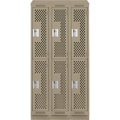Clean Line Lockers, 2 -tier, Bank of 3, 36" x 12" x 82", Steel, Beige, Rivet (Assembled), Perforated Duraquip Inc