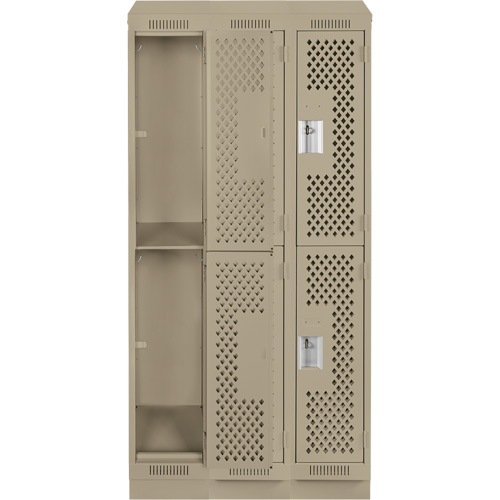 Clean Line Lockers, 2 -tier, Bank of 3, 36" x 12" x 82", Steel, Beige, Rivet (Assembled), Perforated Duraquip Inc