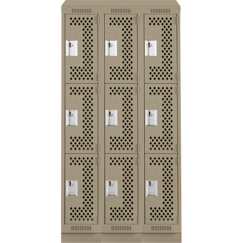 Clean Line Lockers, 3 -tier, Bank of 3, 36" x 18" x 82", Steel, Beige, Rivet (Assembled), Perforated Duraquip Inc