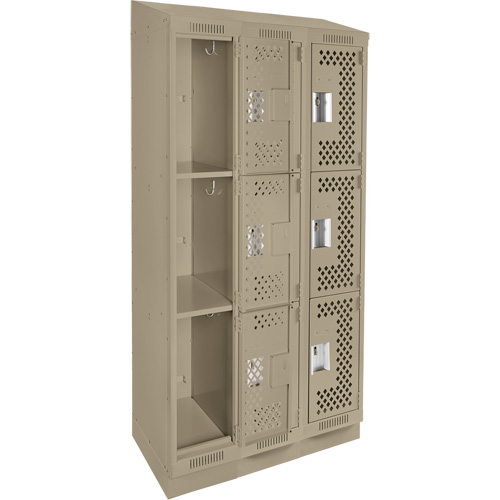 Clean Line Lockers, 3 -tier, Bank of 3, 36" x 18" x 82", Steel, Beige, Rivet (Assembled), Perforated Duraquip Inc