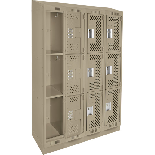 Clean Line Lockers, 3 -tier, Bank of 4, 48" x 18" x 82", Steel, Beige, Rivet (Assembled), Perforated Duraquip Inc