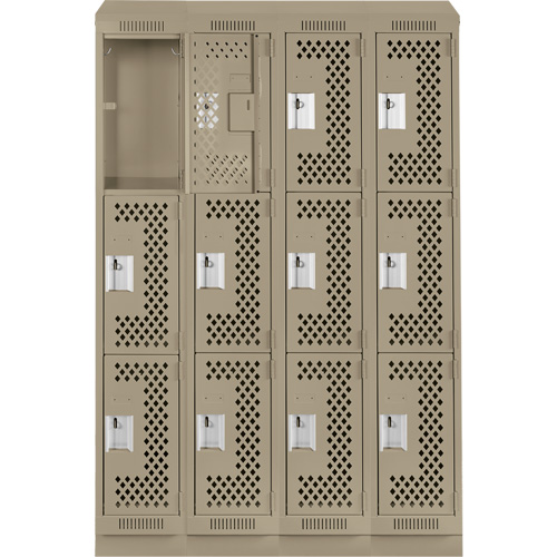 Clean Line Lockers, 3 -tier, Bank of 4, 48" x 18" x 82", Steel, Beige, Rivet (Assembled), Perforated Duraquip Inc