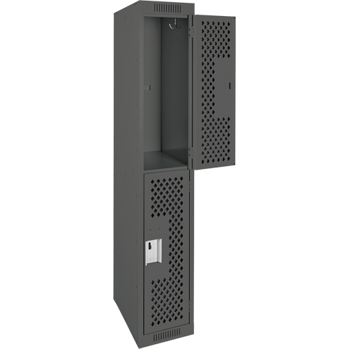 Clean Line Lockers, 2 -tier, 12" x 15" x 72", Steel, Charcoal, Rivet (Assembled), Perforated Duraquip Inc