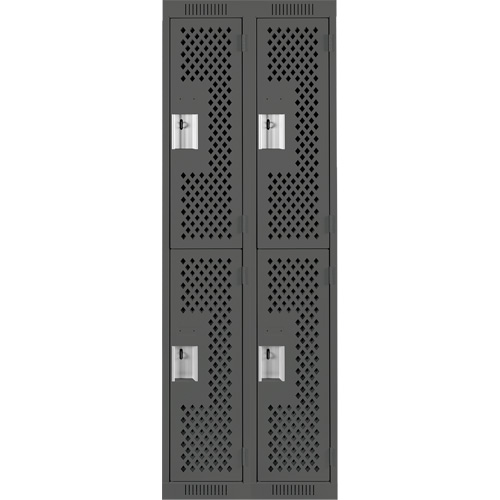 Clean Line Lockers, 2 -tier, Bank of 2, 24" x 12" x 72", Steel, Charcoal, Rivet (Assembled), Perforated Duraquip Inc
