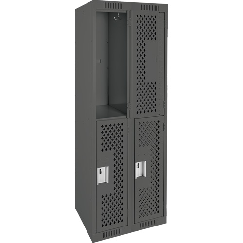 Clean Line Lockers, 2 -tier, Bank of 2, 24" x 12" x 72", Steel, Charcoal, Rivet (Assembled), Perforated Duraquip Inc