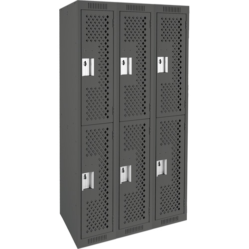 Clean Line Lockers, 2 -tier, Bank of 3, 36" x 15" x 72", Steel, Charcoal, Rivet (Assembled), Perforated Duraquip Inc