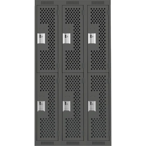 Clean Line Lockers, 2 -tier, Bank of 3, 36" x 15" x 72", Steel, Charcoal, Rivet (Assembled), Perforated Duraquip Inc