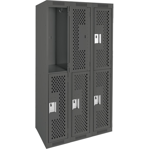 Clean Line Lockers, 2 -tier, Bank of 3, 36" x 15" x 72", Steel, Charcoal, Rivet (Assembled), Perforated Duraquip Inc