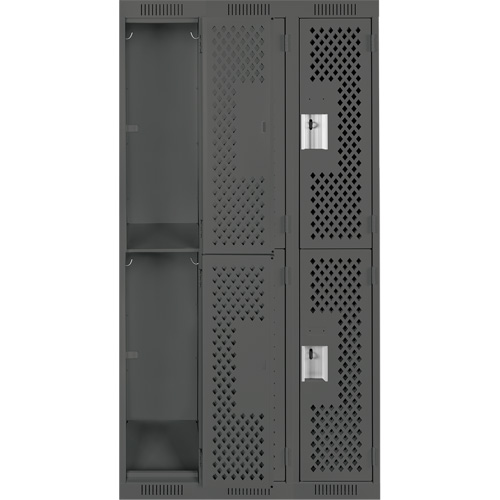 Clean Line Lockers, 2 -tier, Bank of 3, 36" x 15" x 72", Steel, Charcoal, Rivet (Assembled), Perforated Duraquip Inc