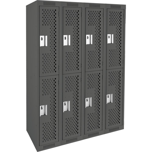 Clean Line Lockers, 2 -tier, Bank of 4, 48" x 12" x 72", Steel, Charcoal, Rivet (Assembled), Perforated Duraquip Inc