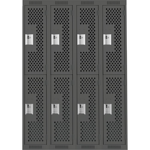 Clean Line Lockers, 2 -tier, Bank of 4, 48" x 12" x 72", Steel, Charcoal, Rivet (Assembled), Perforated Duraquip Inc