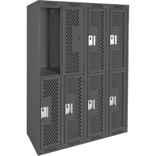 Clean Line Lockers, 2 -tier, Bank of 4, 48" x 12" x 72", Steel, Charcoal, Rivet (Assembled), Perforated Duraquip Inc