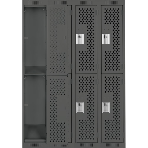 Clean Line Lockers, 2 -tier, Bank of 4, 48" x 12" x 72", Steel, Charcoal, Rivet (Assembled), Perforated Duraquip Inc