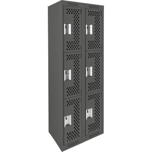 Clean Line Lockers, 3 -tier, Bank of 2, 24" x 12" x 72", Steel, Charcoal, Rivet (Assembled), Perforated Duraquip Inc