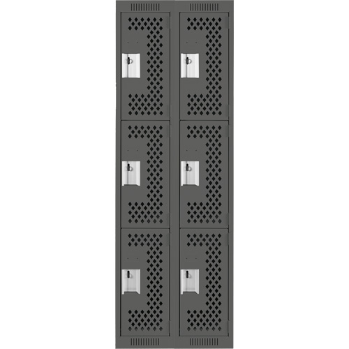 Clean Line Lockers, 3 -tier, Bank of 2, 24" x 12" x 72", Steel, Charcoal, Rivet (Assembled), Perforated Duraquip Inc