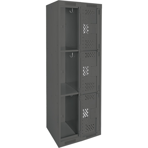 Clean Line Lockers, 3 -tier, Bank of 2, 24" x 12" x 72", Steel, Charcoal, Rivet (Assembled), Perforated Duraquip Inc