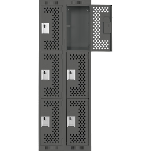 Clean Line Lockers, 3 -tier, Bank of 2, 24" x 12" x 72", Steel, Charcoal, Rivet (Assembled), Perforated Duraquip Inc