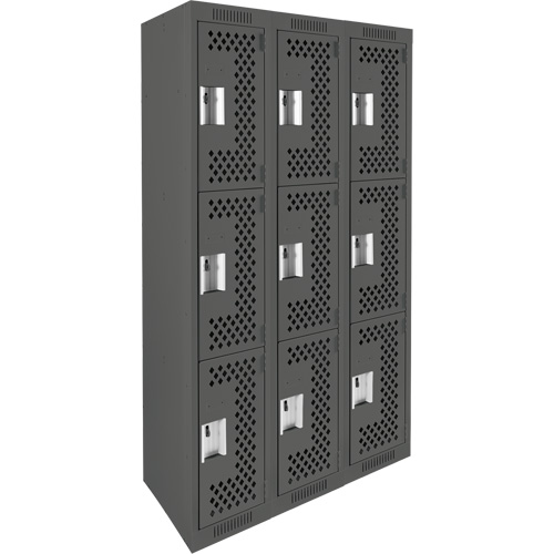 Clean Line Lockers, 3 -tier, Bank of 3, 36" x 12" x 72", Steel, Charcoal, Rivet (Assembled), Perforated Duraquip Inc