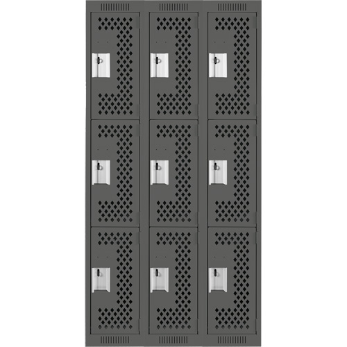 Clean Line Lockers, 3 -tier, Bank of 3, 36" x 12" x 72", Steel, Charcoal, Rivet (Assembled), Perforated Duraquip Inc