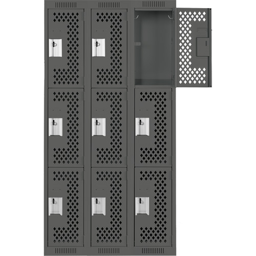 Clean Line Lockers, 3 -tier, Bank of 3, 36" x 12" x 72", Steel, Charcoal, Rivet (Assembled), Perforated Duraquip Inc