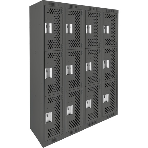 Clean Line Lockers, 3 -tier, Bank of 4, 48" x 12" x 72", Steel, Charcoal, Rivet (Assembled), Perforated Duraquip Inc