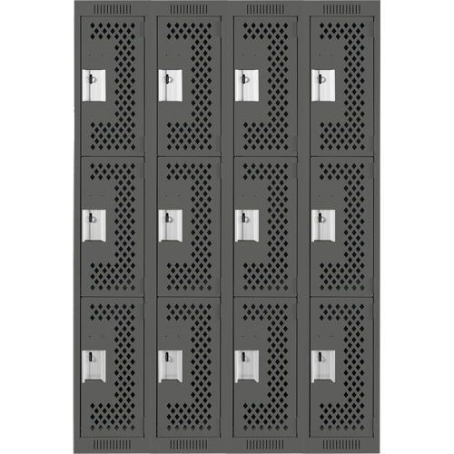 Clean Line Lockers, 3 -tier, Bank of 4, 48" x 12" x 72", Steel, Charcoal, Rivet (Assembled), Perforated Duraquip Inc