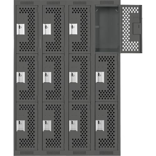 Clean Line Lockers, 3 -tier, Bank of 4, 48" x 12" x 72", Steel, Charcoal, Rivet (Assembled), Perforated Duraquip Inc