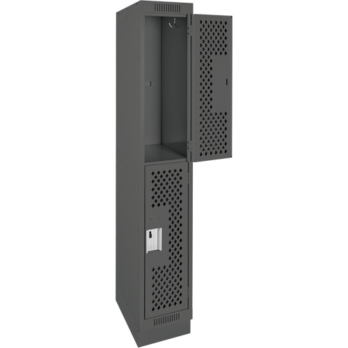 Clean Line Lockers, 2 -tier, 12" x 15" x 76", Steel, Charcoal, Rivet (Assembled), Perforated Duraquip Inc