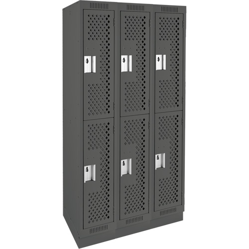 Clean Line Lockers, 2 -tier, Bank of 3, 36" x 15" x 76", Steel, Charcoal, Rivet (Assembled), Perforated Duraquip Inc