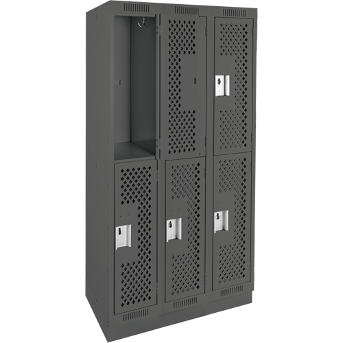 Clean Line Lockers, 2 -tier, Bank of 3, 36" x 15" x 76", Steel, Charcoal, Rivet (Assembled), Perforated Duraquip Inc