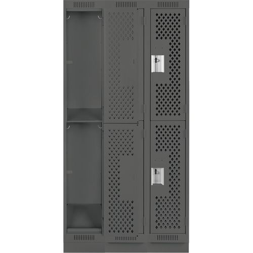 Clean Line Lockers, 2 -tier, Bank of 3, 36" x 15" x 76", Steel, Charcoal, Rivet (Assembled), Perforated Duraquip Inc