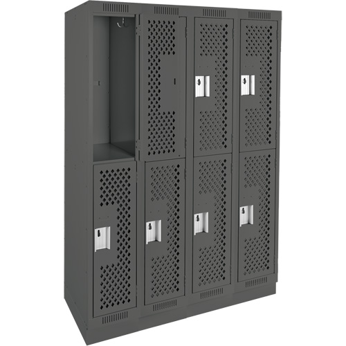 Clean Line Lockers, 2 -tier, Bank of 4, 48" x 15" x 76", Steel, Charcoal, Rivet (Assembled), Perforated Duraquip Inc