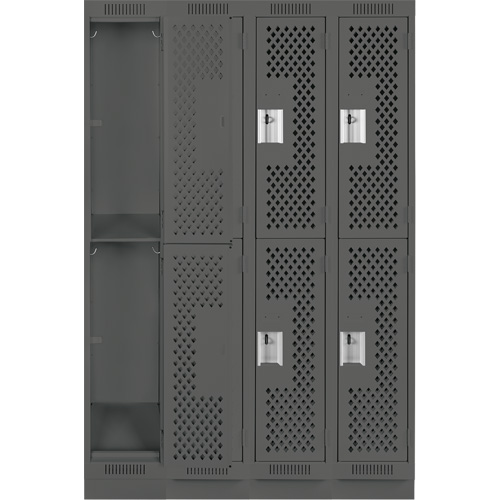 Clean Line Lockers, 2 -tier, Bank of 4, 48" x 15" x 76", Steel, Charcoal, Rivet (Assembled), Perforated Duraquip Inc