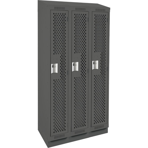 Clean Line Lockers, Bank of 3, 36" x 18" x 82", Steel, Charcoal, Rivet (Assembled), Perforated Duraquip Inc