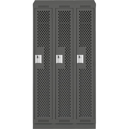 Clean Line Lockers, Bank of 3, 36" x 18" x 82", Steel, Charcoal, Rivet (Assembled), Perforated Duraquip Inc