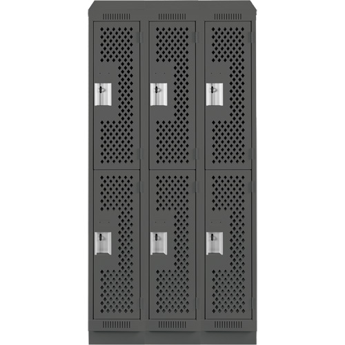 Clean Line Lockers, 2 -tier, Bank of 3, 36" x 12" x 82", Steel, Charcoal, Rivet (Assembled), Perforated Duraquip Inc