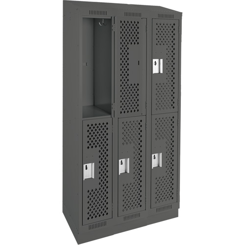 Clean Line Lockers, 2 -tier, Bank of 3, 36" x 12" x 82", Steel, Charcoal, Rivet (Assembled), Perforated Duraquip Inc