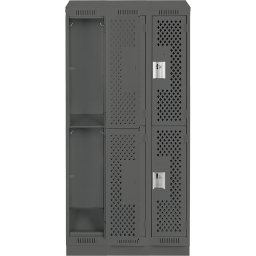 Clean Line Lockers, 2 -tier, Bank of 3, 36" x 12" x 82", Steel, Charcoal, Rivet (Assembled), Perforated Duraquip Inc