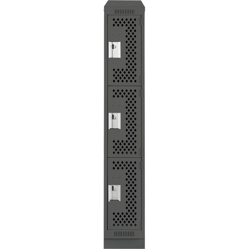 Clean Line Lockers, 3 -tier, 12" x 18" x 82", Steel, Charcoal, Rivet (Assembled), Perforated Duraquip Inc