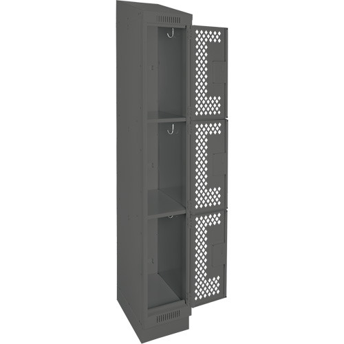 Clean Line Lockers, 3 -tier, 12" x 18" x 82", Steel, Charcoal, Rivet (Assembled), Perforated Duraquip Inc