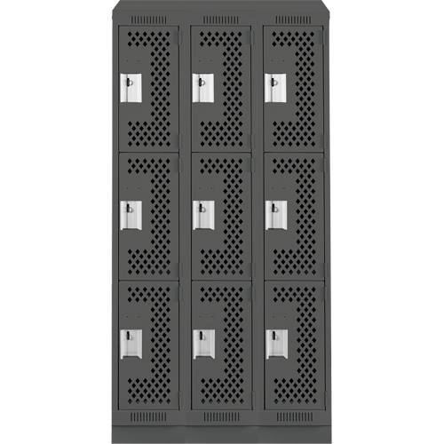 Clean Line Lockers, 3 -tier, Bank of 3, 36" x 18" x 82", Steel, Charcoal, Rivet (Assembled), Perforated Duraquip Inc