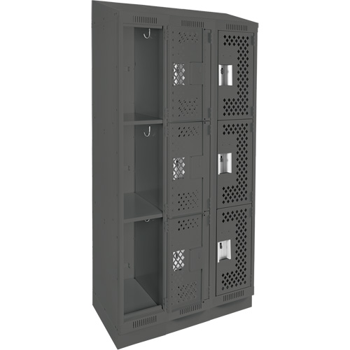 Clean Line Lockers, 3 -tier, Bank of 3, 36" x 18" x 82", Steel, Charcoal, Rivet (Assembled), Perforated Duraquip Inc