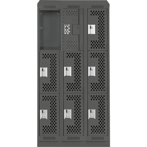 Clean Line Lockers, 3 -tier, Bank of 3, 36" x 18" x 82", Steel, Charcoal, Rivet (Assembled), Perforated Duraquip Inc