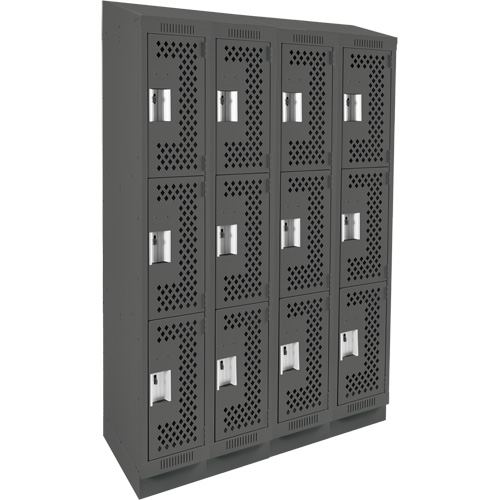 Clean Line Lockers, 3 -tier, Bank of 4, 48" x 18" x 82", Steel, Charcoal, Rivet (Assembled), Perforated Duraquip Inc