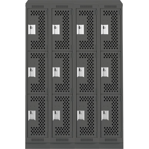 Clean Line Lockers, 3 -tier, Bank of 4, 48" x 18" x 82", Steel, Charcoal, Rivet (Assembled), Perforated Duraquip Inc